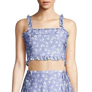 Kisuii Romy Smocked Ruffle Blue Floral Print Crop Top NWT Size Small